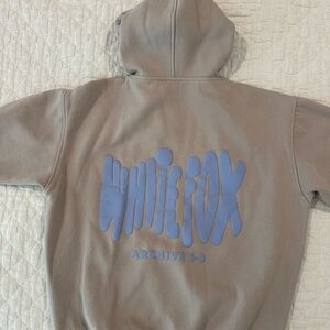 White Fox Boutique Tan Hoodie with Blue Logo